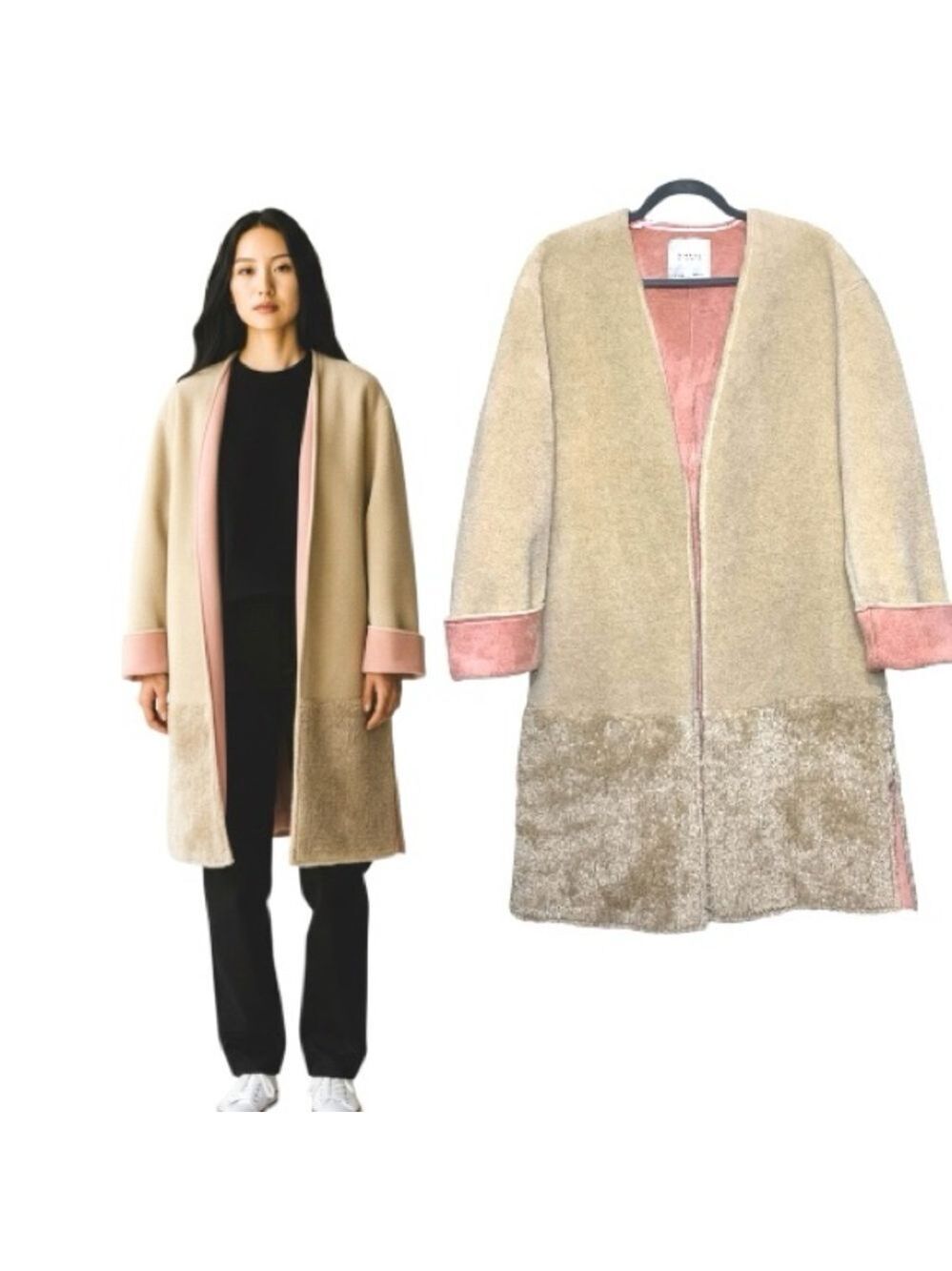 Zara Beige Faux Fur Shearling Jacket Sz S Oversize Open Winter Teddy Trench Coat